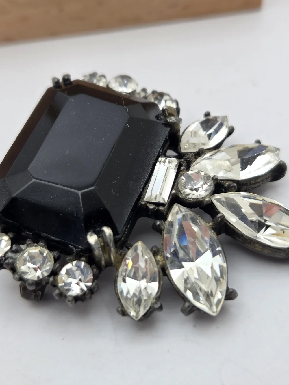 Vintage Black Glass Emerald Cut Rhinestone Brooch Pin Statement